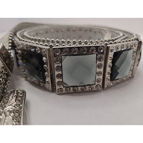 Genuine Leather Belt White Silver Buckle Studded Mirror Style Western Rock Retro - Picture 7 of 15